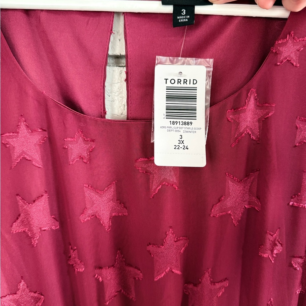 NWT Torrid Size 3X Red Purple Midi Clip Dot Star Dress Balloon Sleeves Tiered - Picture 3 of 12